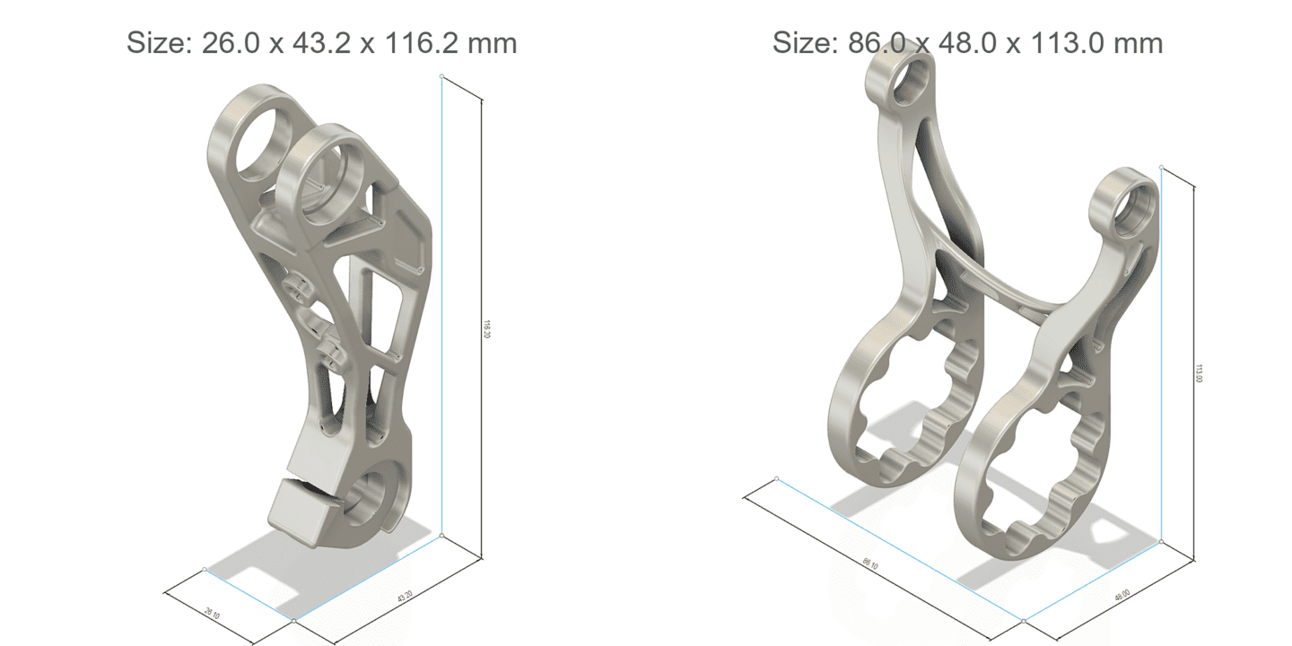 3D designs of two titanium suspension parts (swingarm on the left, connecting rod on the right)