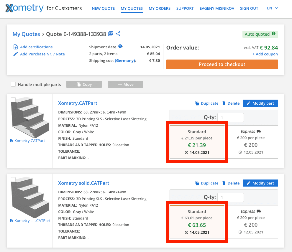 Solid part vs. hollowed part in Xometry's Instant Quote Engine